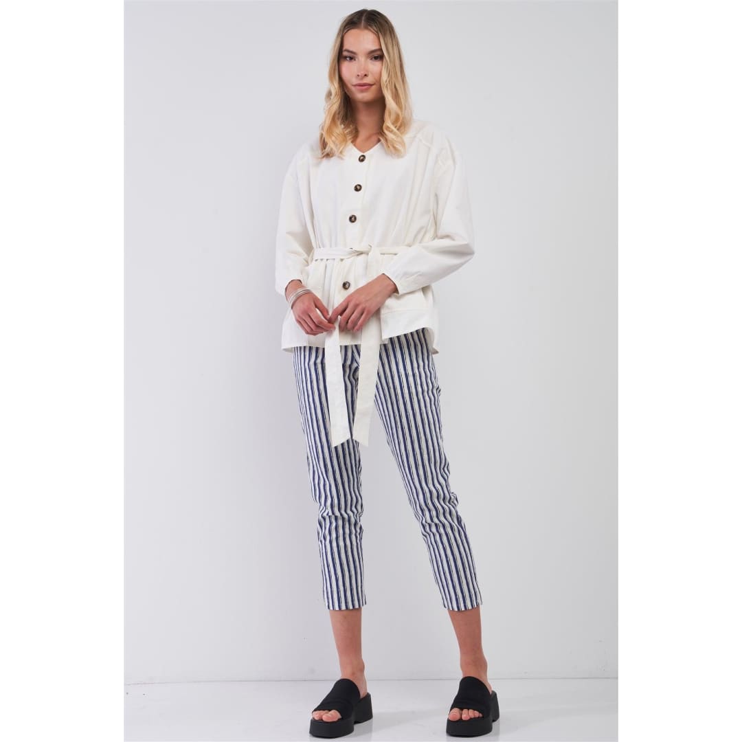 Off-White Balloon Sleeve Button-Down Front Self-Tie Belted Oversized Summer Jacket | Very