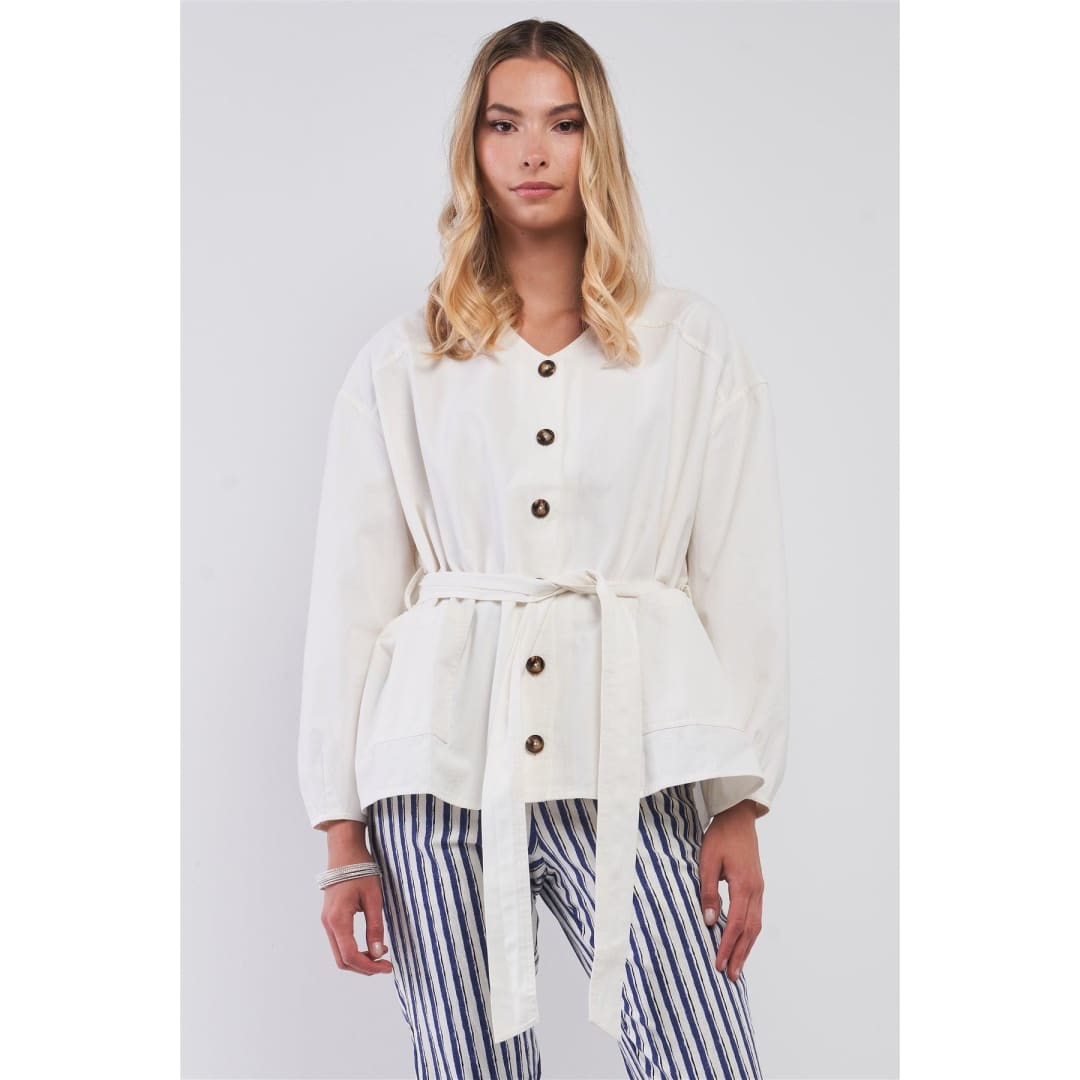 Off-White Balloon Sleeve Button-Down Front Self-Tie Belted Oversized Summer Jacket | Very