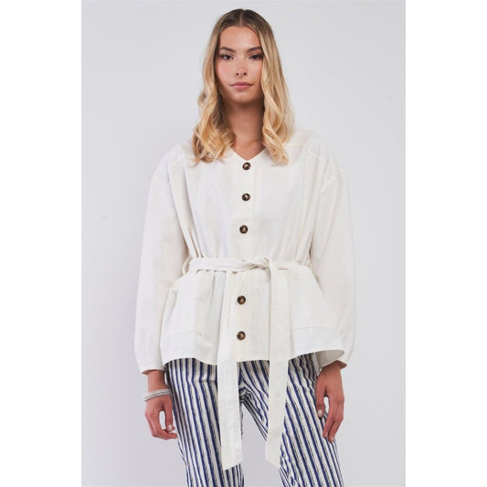Off-White Balloon Sleeve Button-Down Front Self-Tie Belted Oversized Summer Jacket | Very