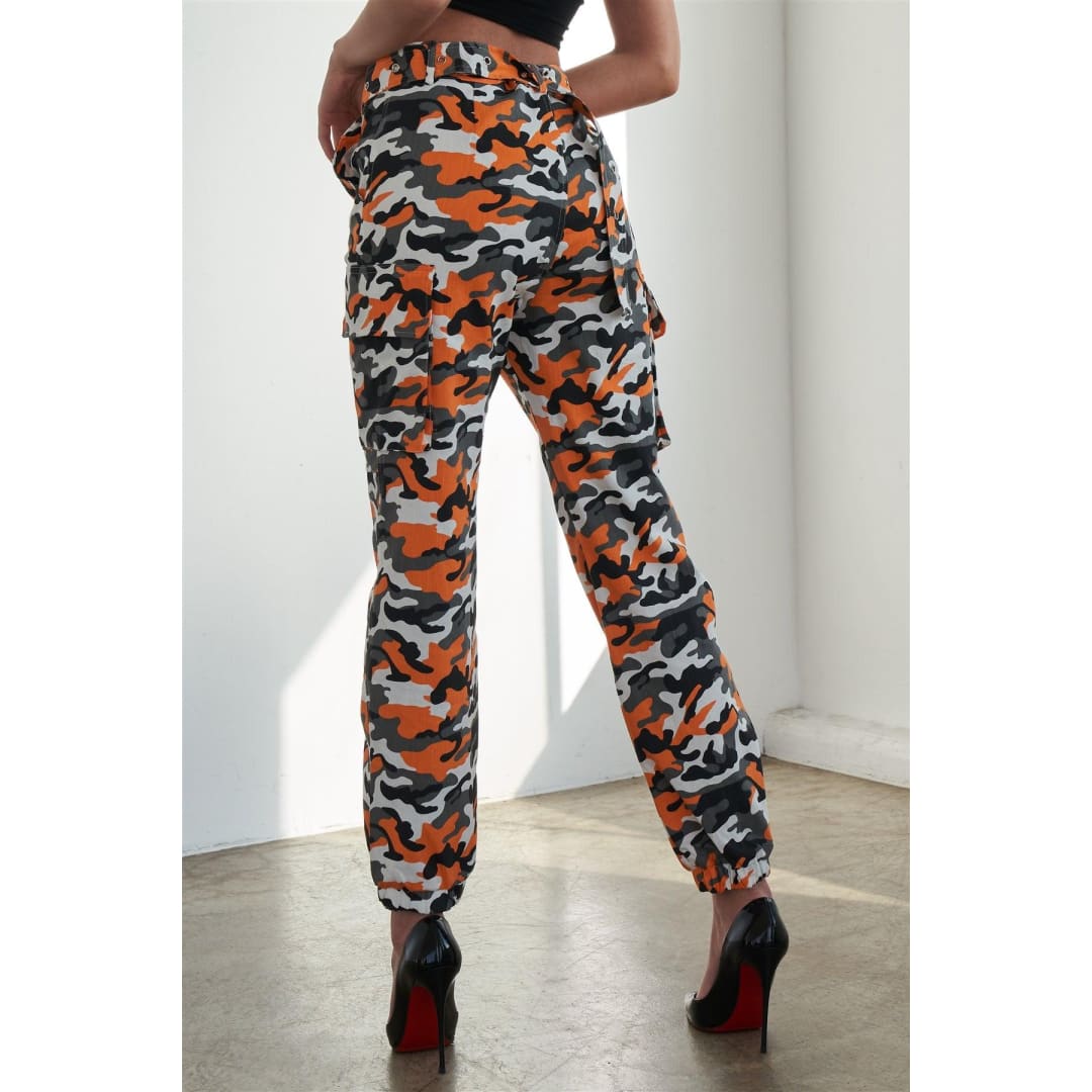 Orange Camouflage Belted High Waist Cargo Jogger Pants | 36 Point 5