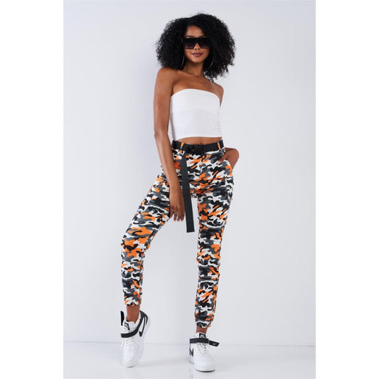 Orange Camouflage High Waisted Plastic Black Side Buckle In Release Belted Cargo Jogger