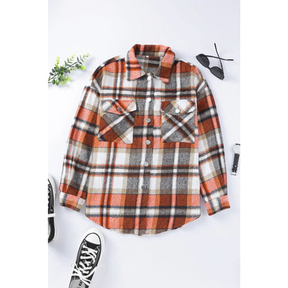 Orange Chest Pockets Flannel Plaid Shacket | Fashionfitz