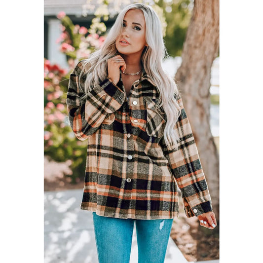 Orange Geometric Plaid Print Pocketed Shacket | Fashionfitz