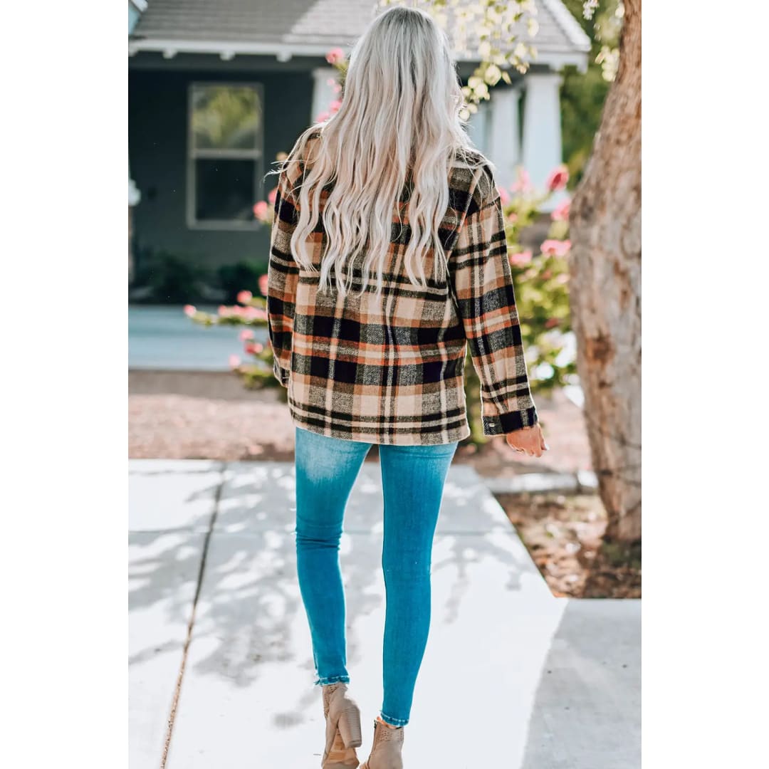 Orange Geometric Plaid Print Pocketed Shacket | Fashionfitz