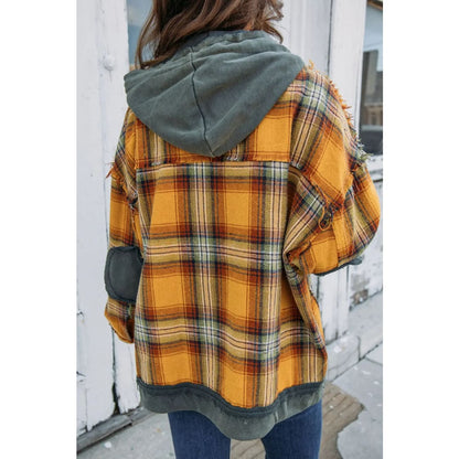 Orange Plaid Patch Hooded Frayed Snap Button Jacket | Fashionfitz