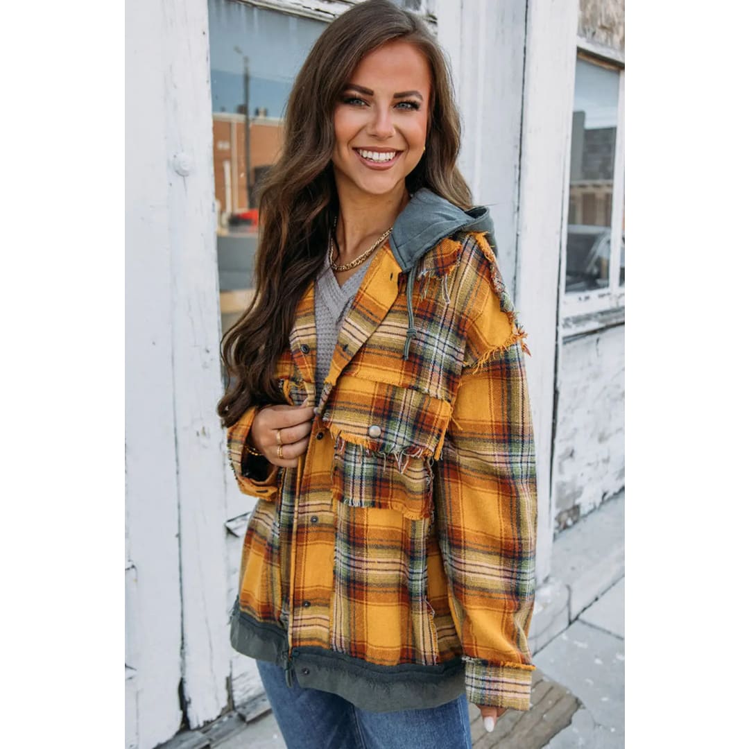 Orange Plaid Patch Hooded Frayed Snap Button Jacket | Fashionfitz