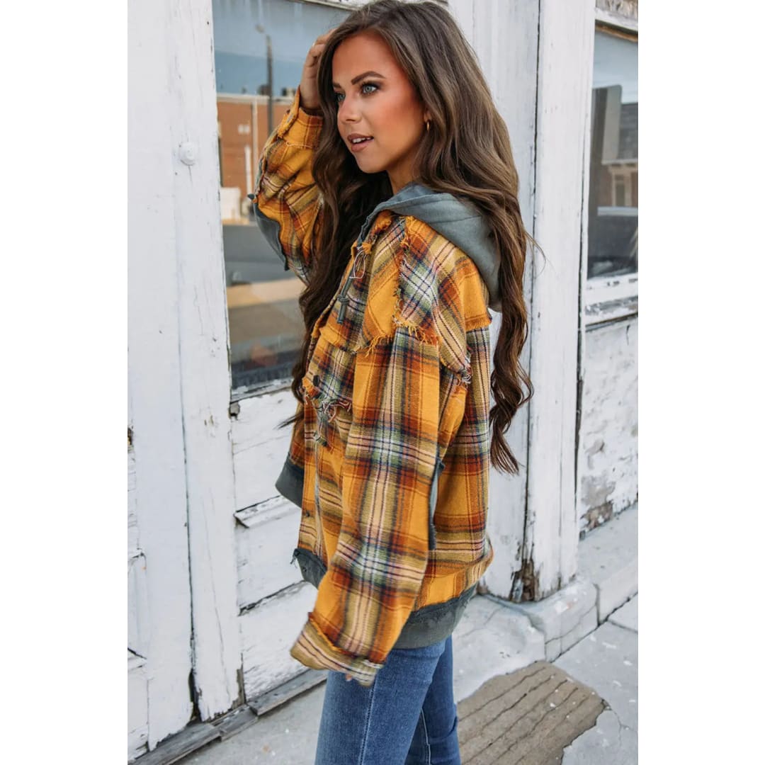 Orange Plaid Patch Hooded Frayed Snap Button Jacket | Fashionfitz