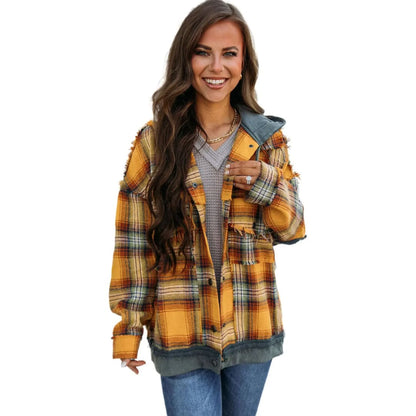 Orange Plaid Patch Hooded Frayed Snap Button Jacket | Fashionfitz