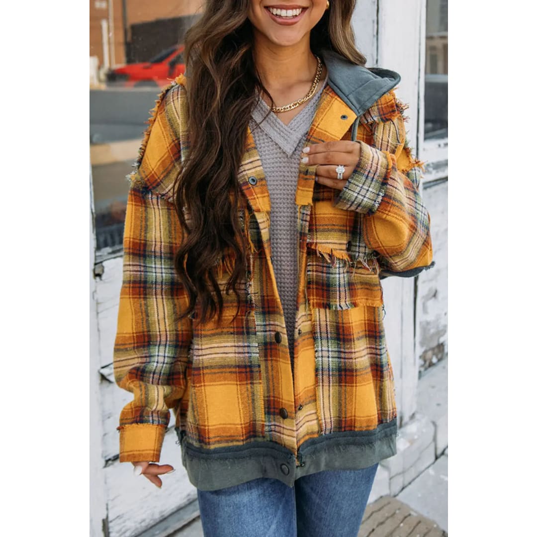 Orange Plaid Patch Hooded Frayed Snap Button Jacket | Fashionfitz