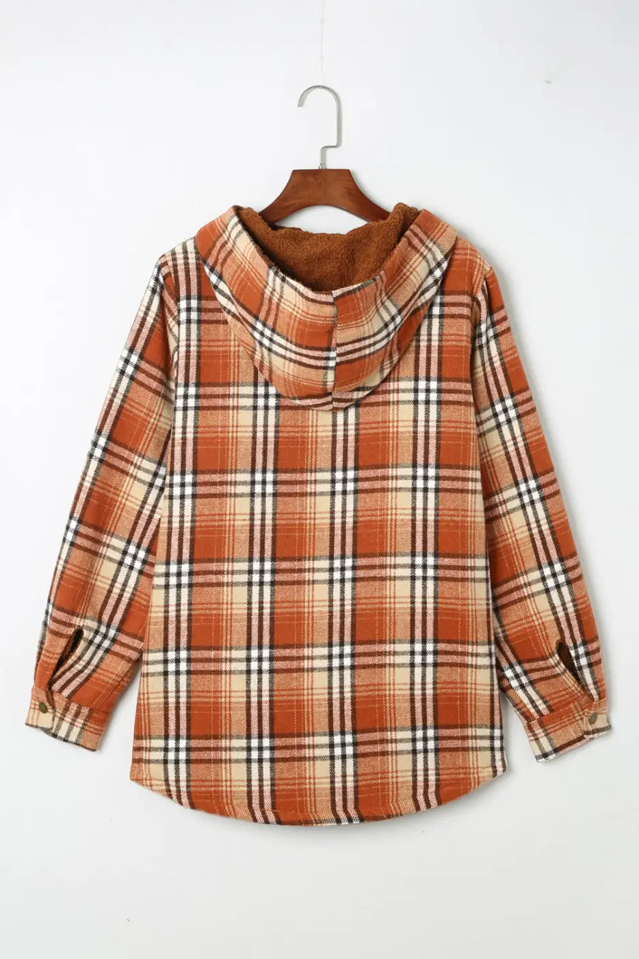 Orange Plaid Pattern Sherpa Lined Hooded Shacket-4