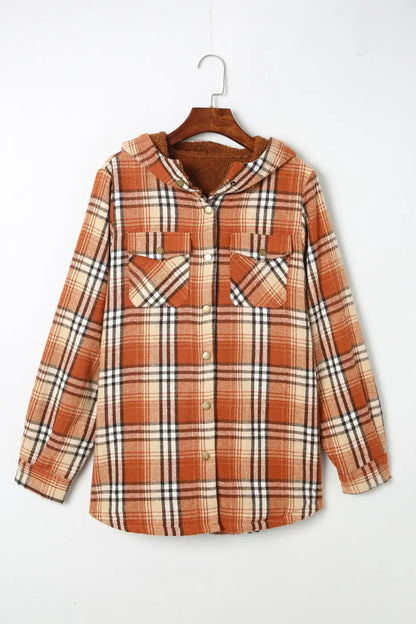 Orange Plaid Pattern Sherpa Lined Hooded Shacket-3