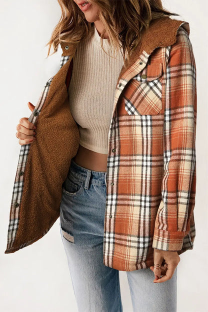 Orange Plaid Pattern Sherpa Lined Hooded Shacket-2