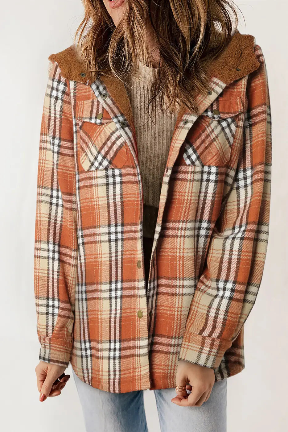 Orange Plaid Pattern Sherpa Lined Hooded Shacket-0