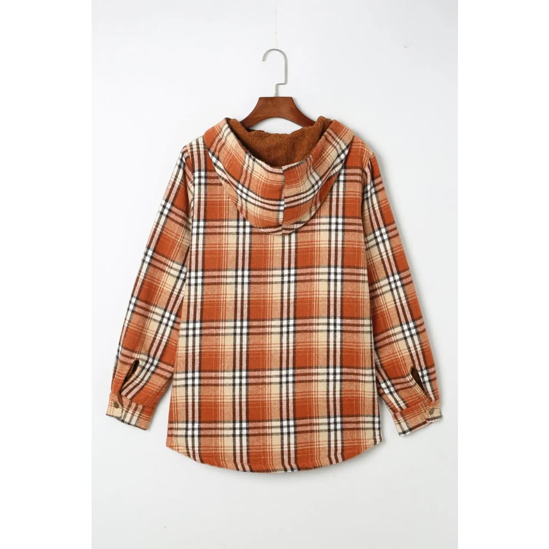 Orange Plaid Pattern Sherpa Lined Hooded Shacket | Fashionfitz