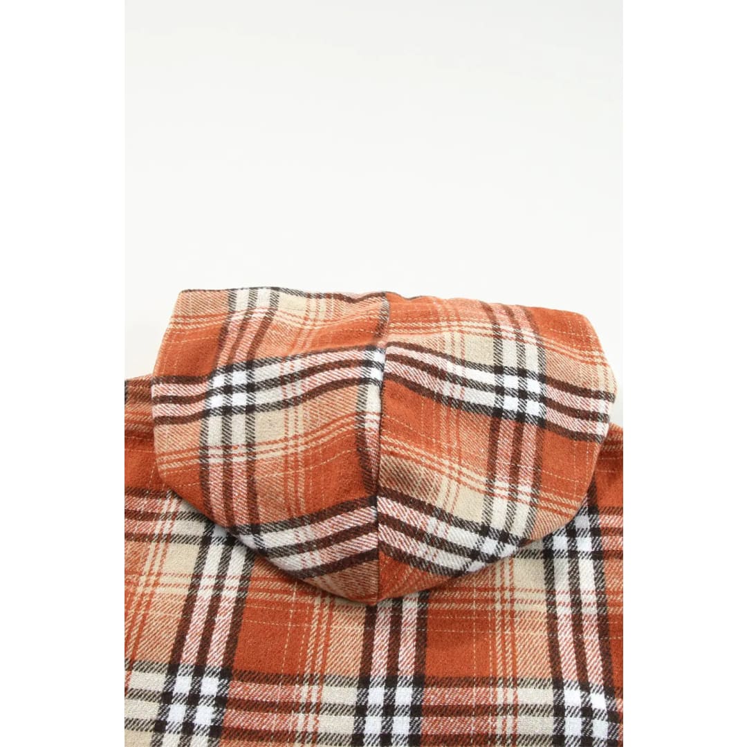 Orange Plaid Pattern Sherpa Lined Hooded Shacket | Fashionfitz