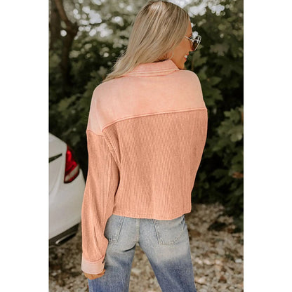 Orange Textured Waffle Knit Chest Pockets Cropped Shacket | Fashionfitz