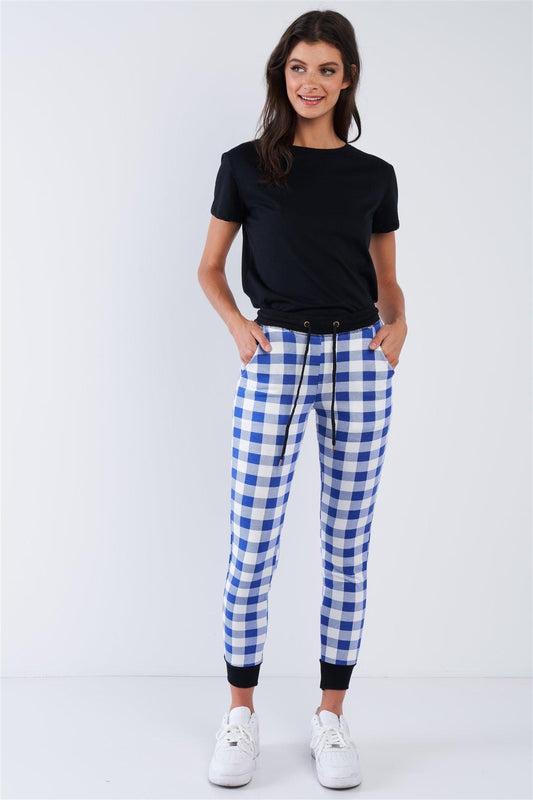 Blue And White Checkered Fitted Jogger Sweat Pants-0
