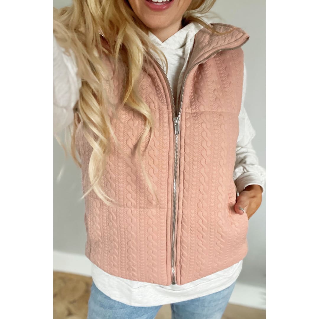 Pale Chestnut Cable Textured Zip Up Vest Jacket | DropshipClothes