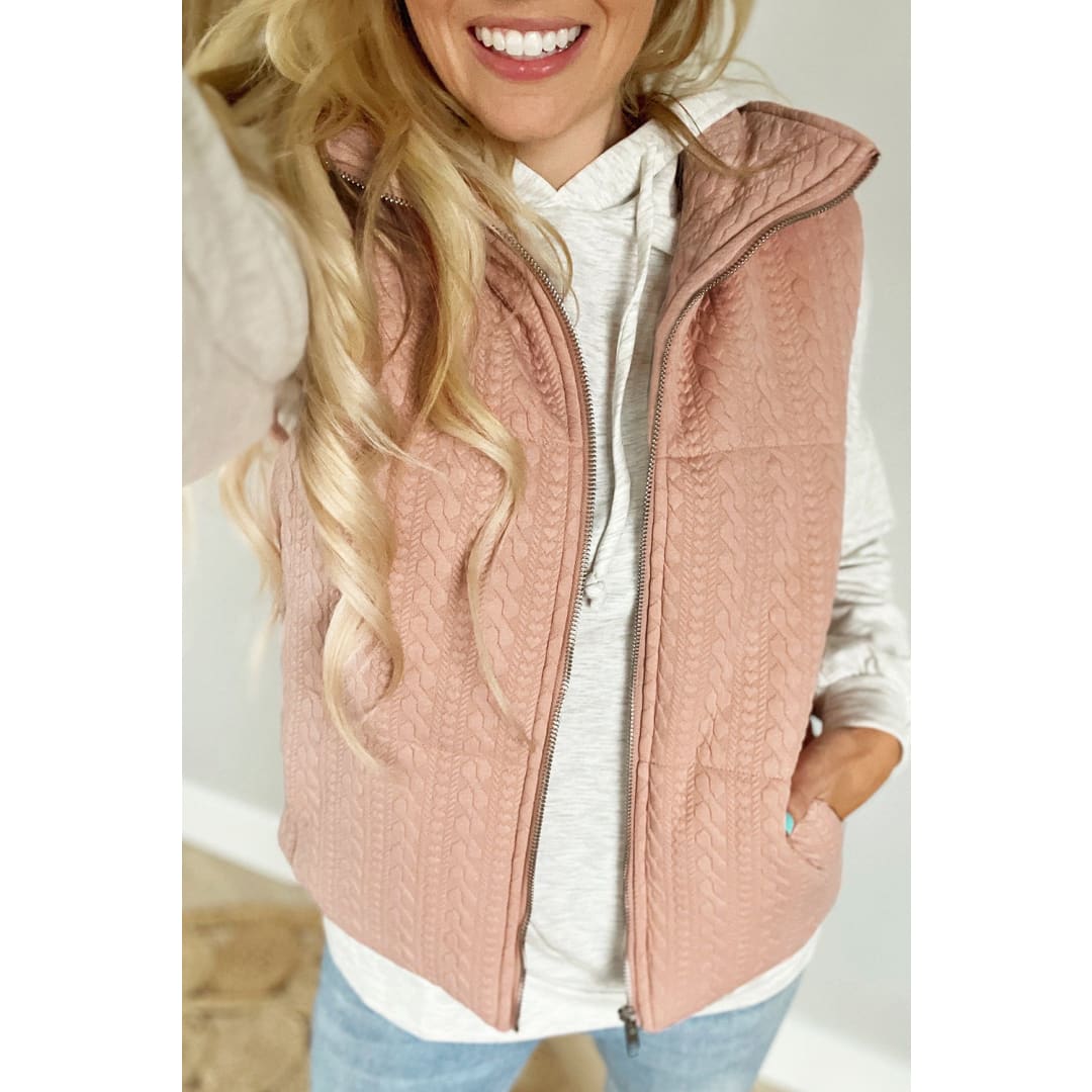 Pale Chestnut Cable Textured Zip Up Vest Jacket | DropshipClothes