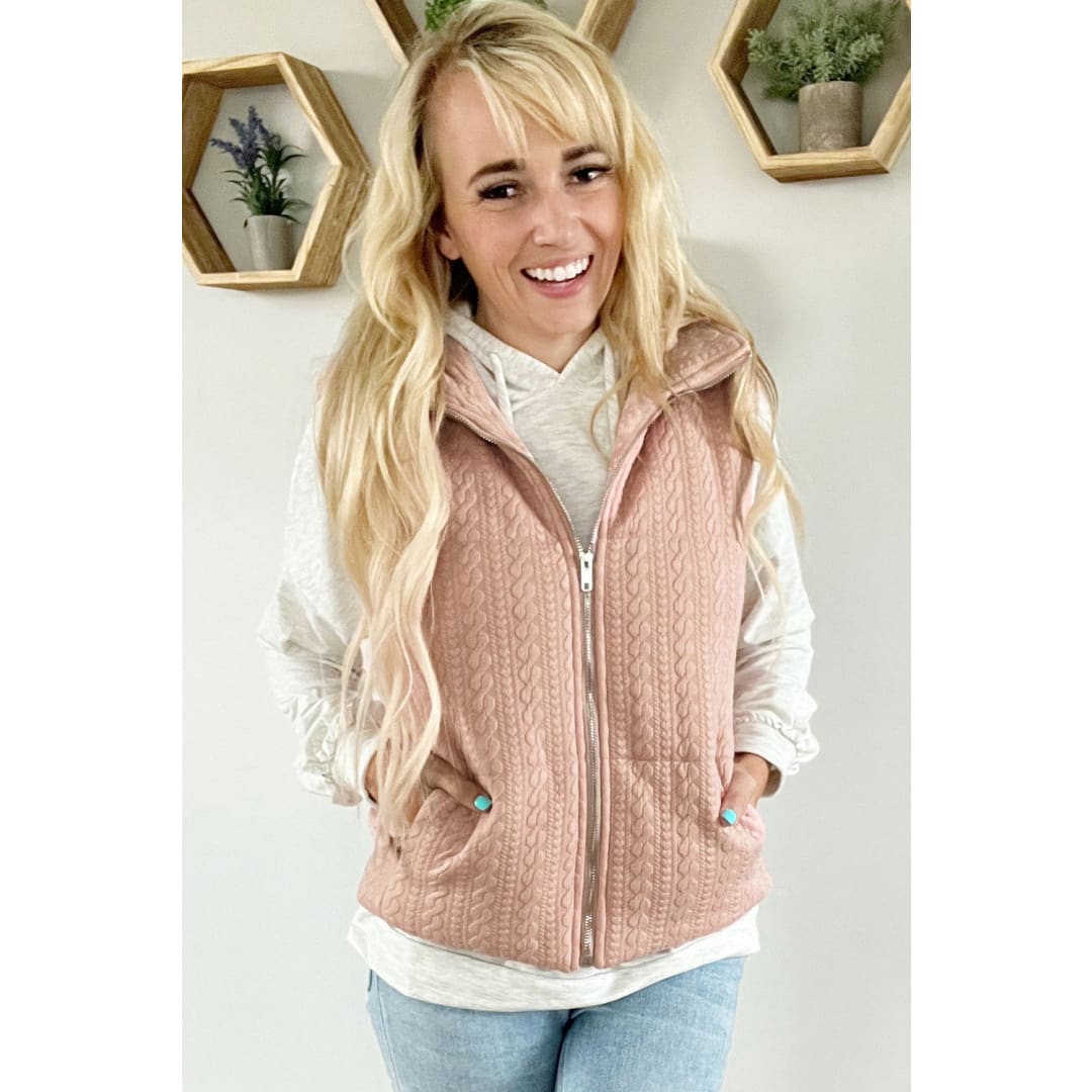 Pale Chestnut Cable Textured Zip Up Vest Jacket | DropshipClothes