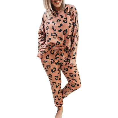 Pale Chestnut Leopard Long Sleeve Top and Drawstring Pants Set | Fashionfitz