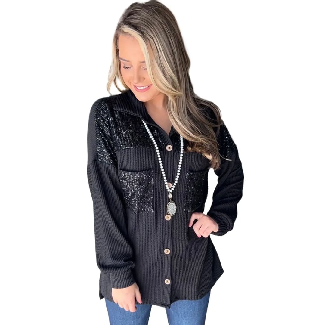 Parchment Sequin Patch Corded Shacket | Fashionfitz