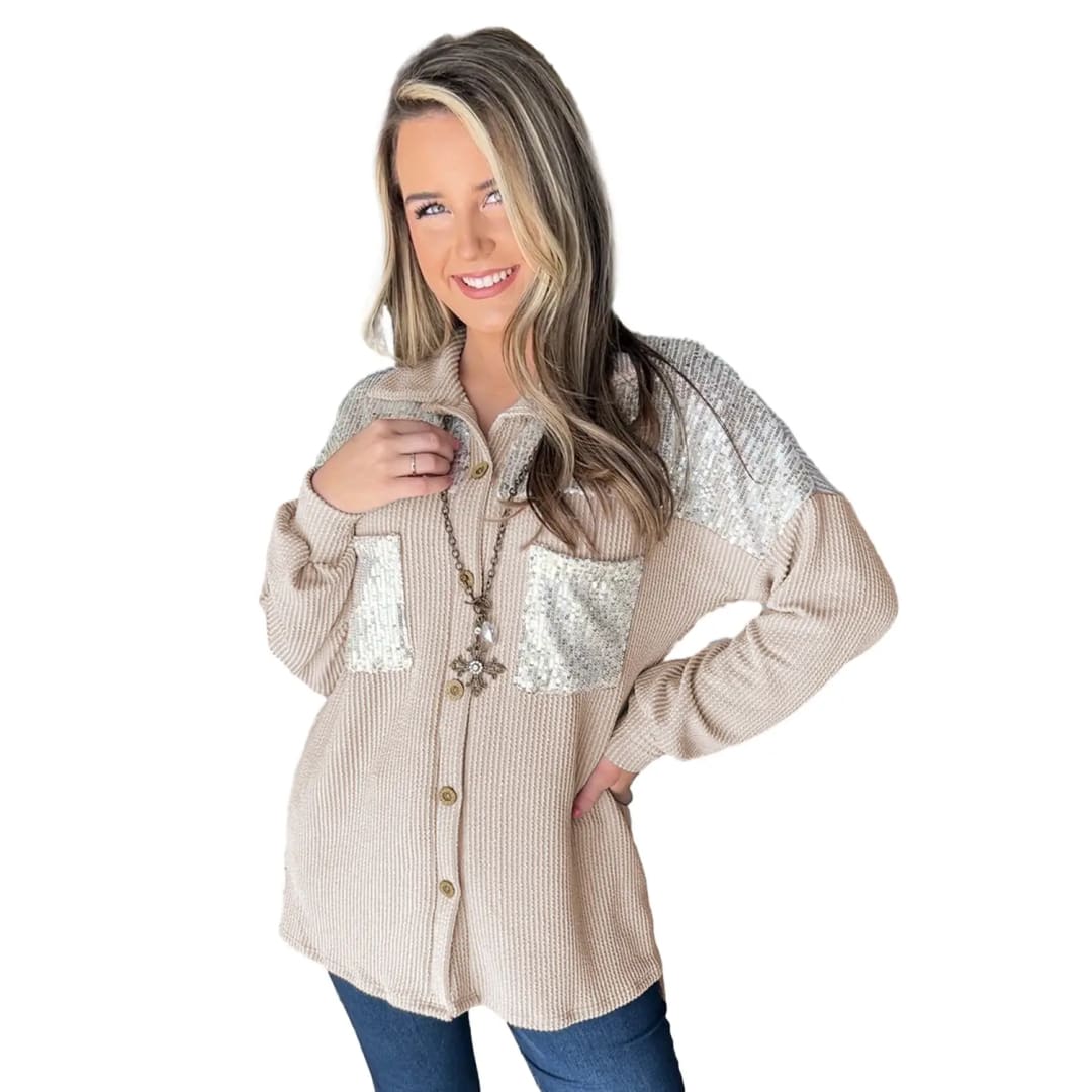 Parchment Sequin Patch Corded Shacket | Fashionfitz