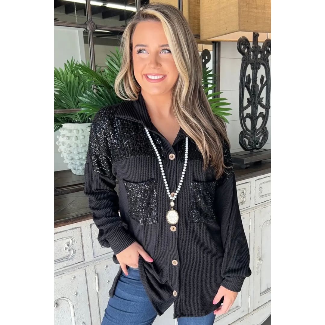 Parchment Sequin Patch Corded Shacket | Fashionfitz