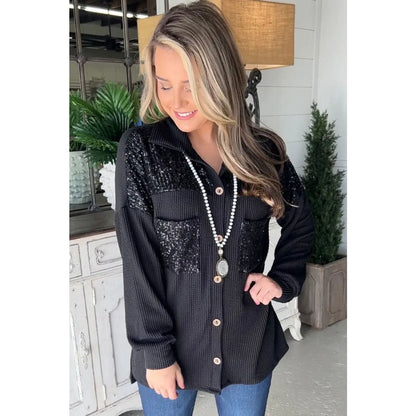 Parchment Sequin Patch Corded Shacket | Fashionfitz