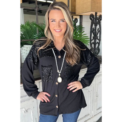 Parchment Sequin Patch Corded Shacket | Fashionfitz