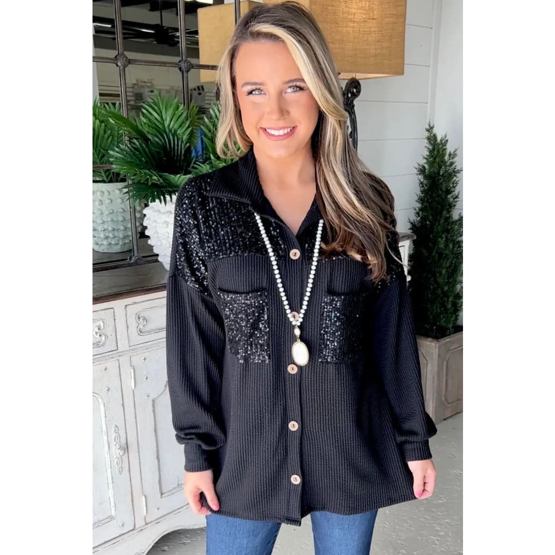 Parchment Sequin Patch Corded Shacket | Fashionfitz