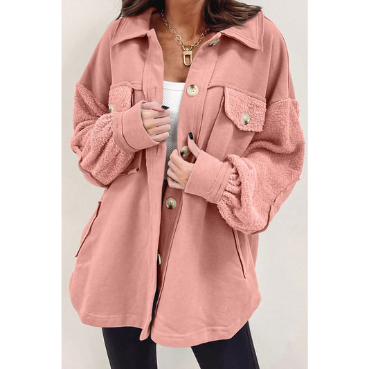 Peach Blossom Exposed Seam Elbow Patch Oversized Shacket | DropshipClothes