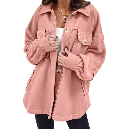 Peach Blossom Exposed Seam Elbow Patch Oversized Shacket | DropshipClothes