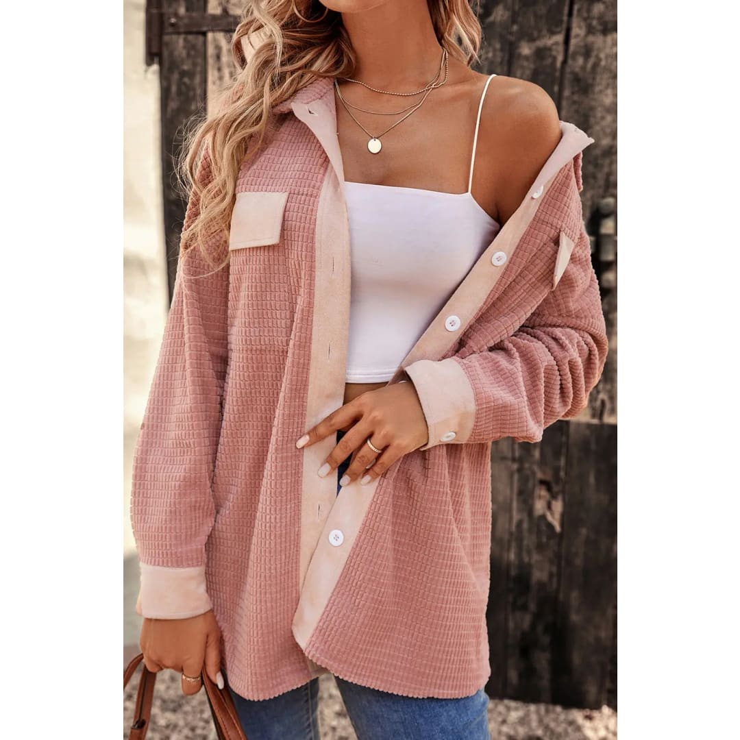 Peach Blossom Flap Pockets Drop Shoulder Textured Shacket | Fashionfitz