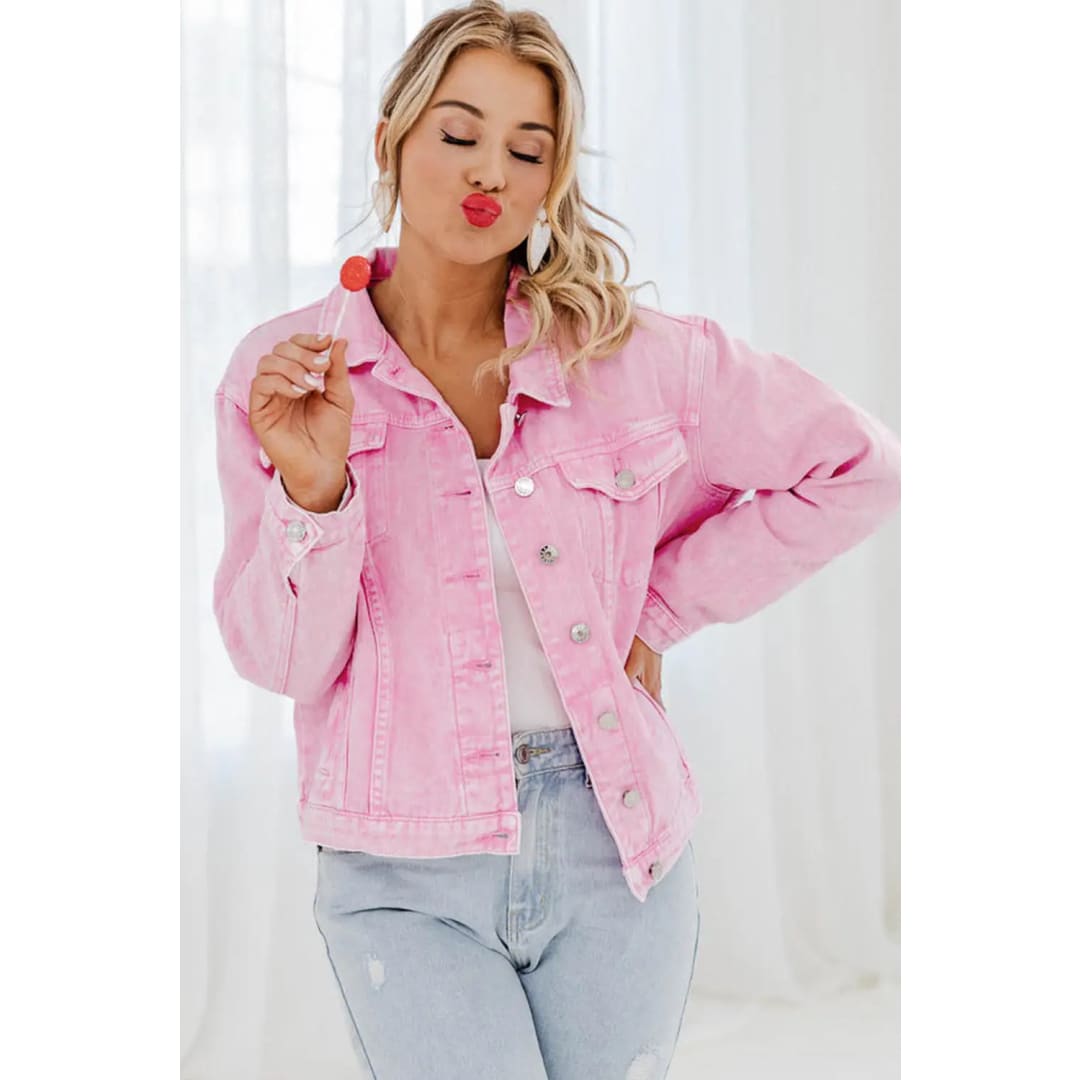 Pink Acid Wash Button Flap Pocket Denim Jacket | Fashionfitz