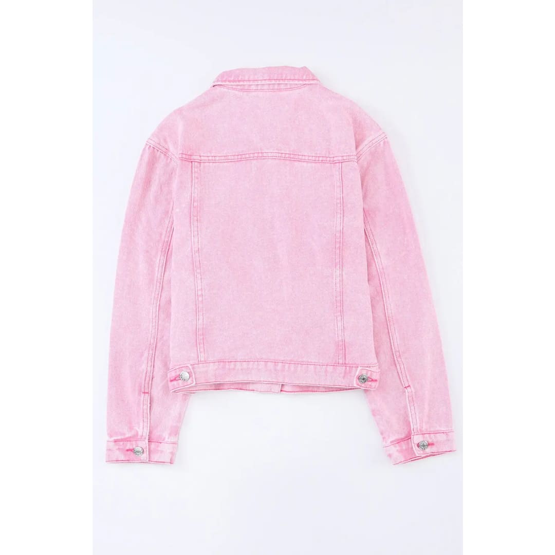 Pink Acid Wash Button Flap Pocket Denim Jacket | Fashionfitz