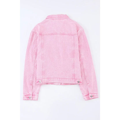 Pink Acid Wash Button Flap Pocket Denim Jacket | Fashionfitz