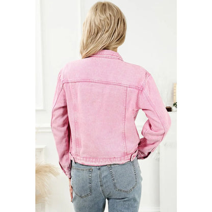 Pink Acid Wash Button Flap Pocket Denim Jacket | Fashionfitz