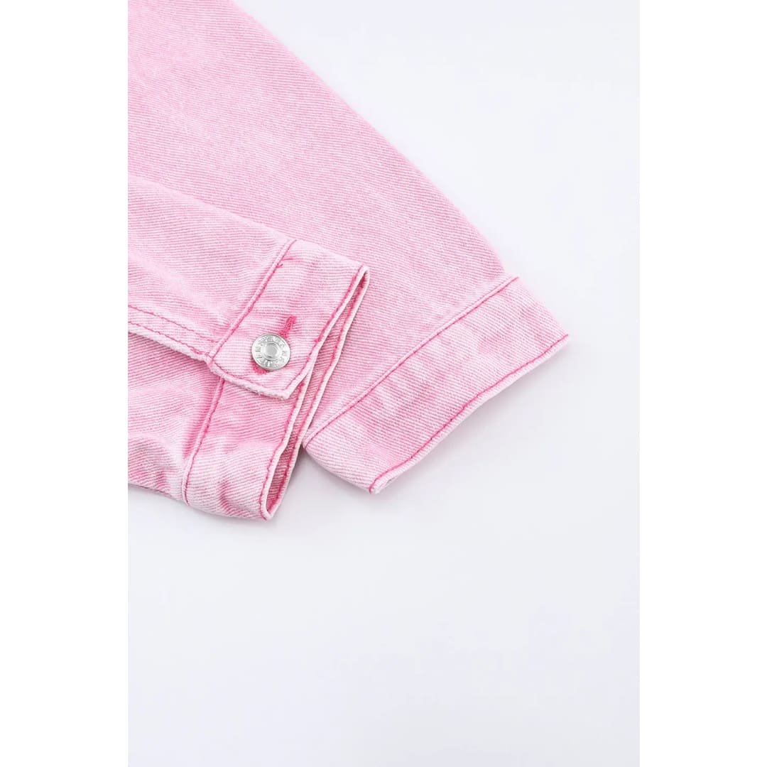 Pink Acid Wash Button Flap Pocket Denim Jacket | Fashionfitz