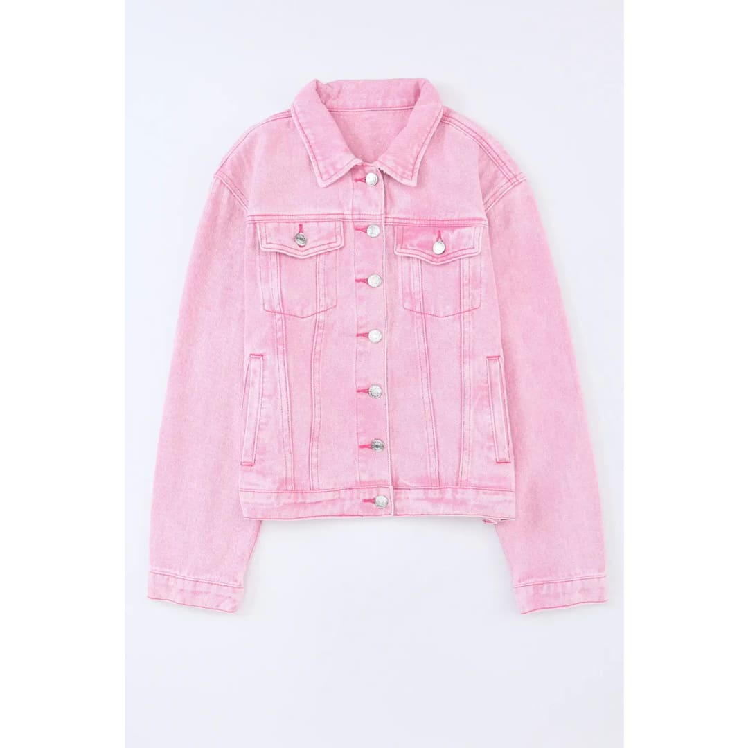 Pink Acid Wash Button Flap Pocket Denim Jacket | Fashionfitz