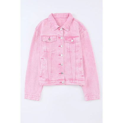 Pink Acid Wash Button Flap Pocket Denim Jacket | Fashionfitz