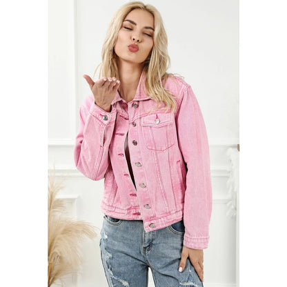 Pink Acid Wash Button Flap Pocket Denim Jacket | Fashionfitz