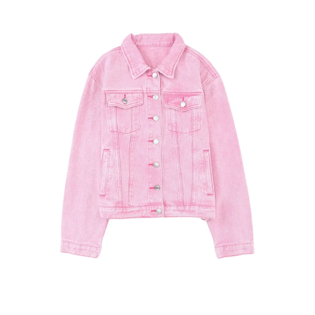 Pink Acid Wash Button Flap Pocket Denim Jacket | Fashionfitz