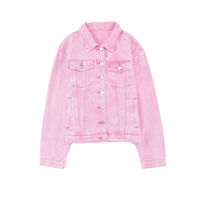 Pink Acid Wash Button Flap Pocket Denim Jacket | Fashionfitz