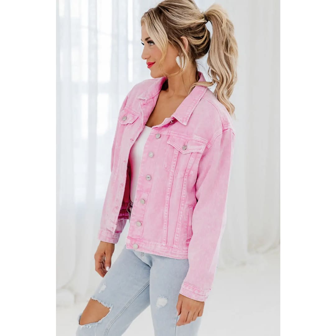 Pink Acid Wash Button Flap Pocket Denim Jacket | Fashionfitz