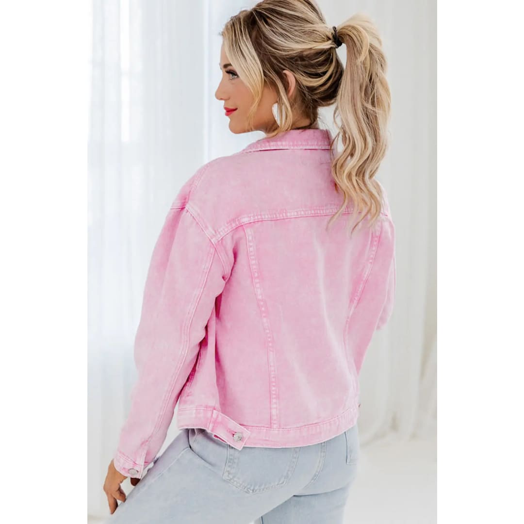 Pink Acid Wash Button Flap Pocket Denim Jacket | Fashionfitz