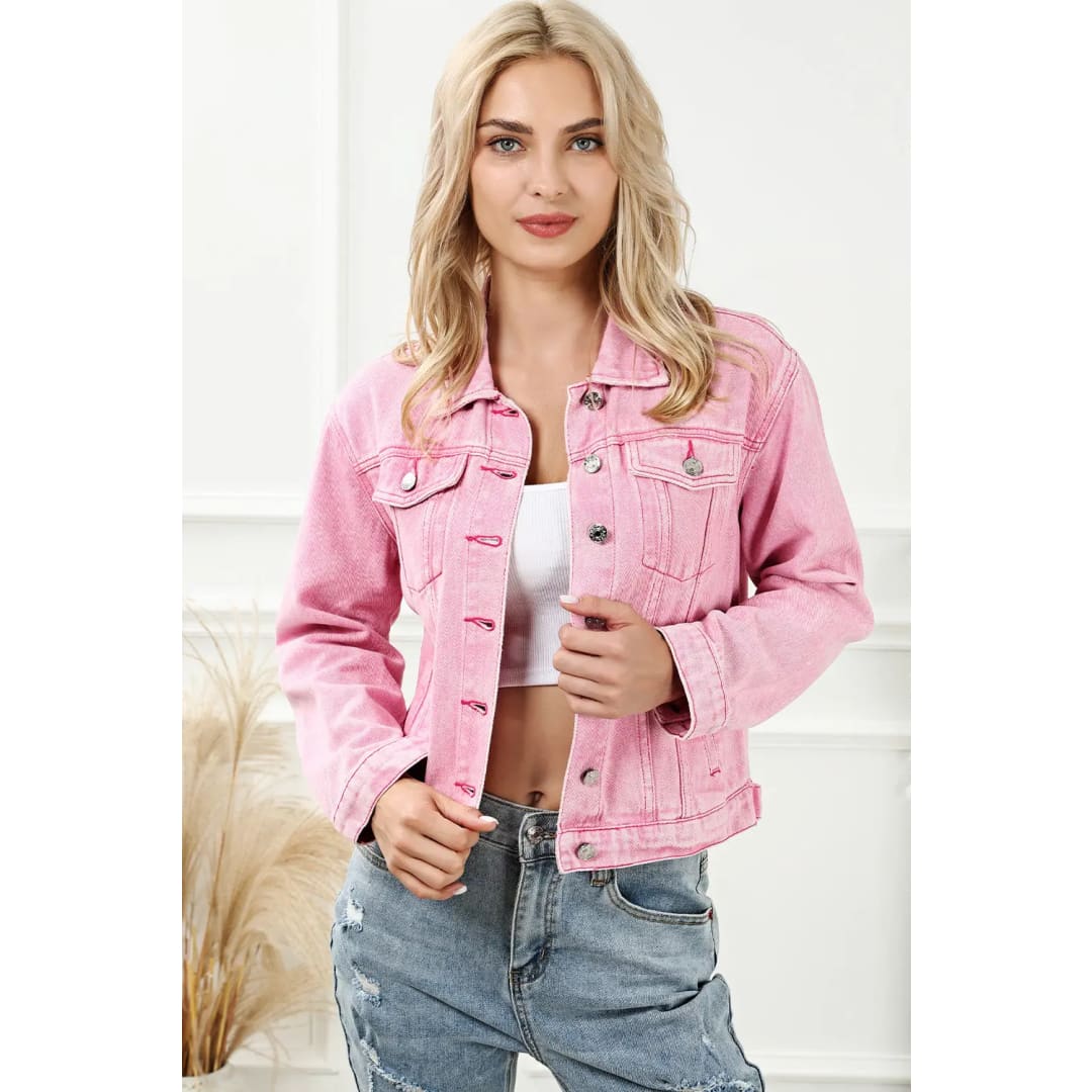 Pink Acid Wash Button Flap Pocket Denim Jacket | Fashionfitz