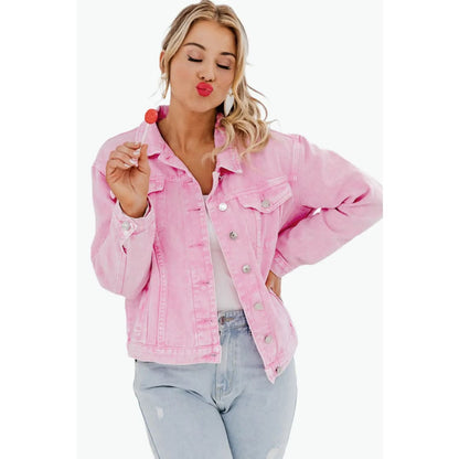 Pink Acid Wash Button Flap Pocket Denim Jacket | Fashionfitz