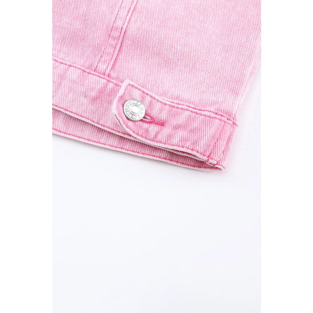 Pink Acid Wash Button Flap Pocket Denim Jacket | Fashionfitz