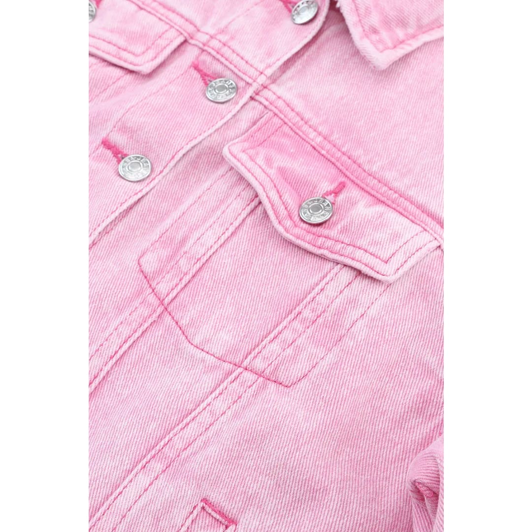 Pink Acid Wash Button Flap Pocket Denim Jacket | Fashionfitz